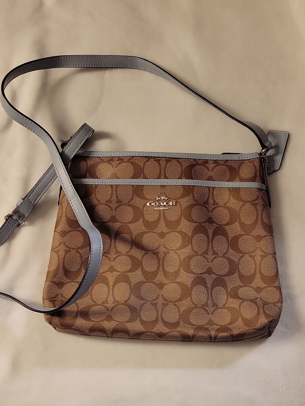 Coach Brown Signature Canvas Crossbody with Light Blue Trim